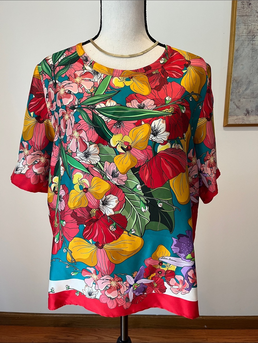 Franco Ferrari 100% Silk Red Floral Short Sleeve Blouse size L Italy